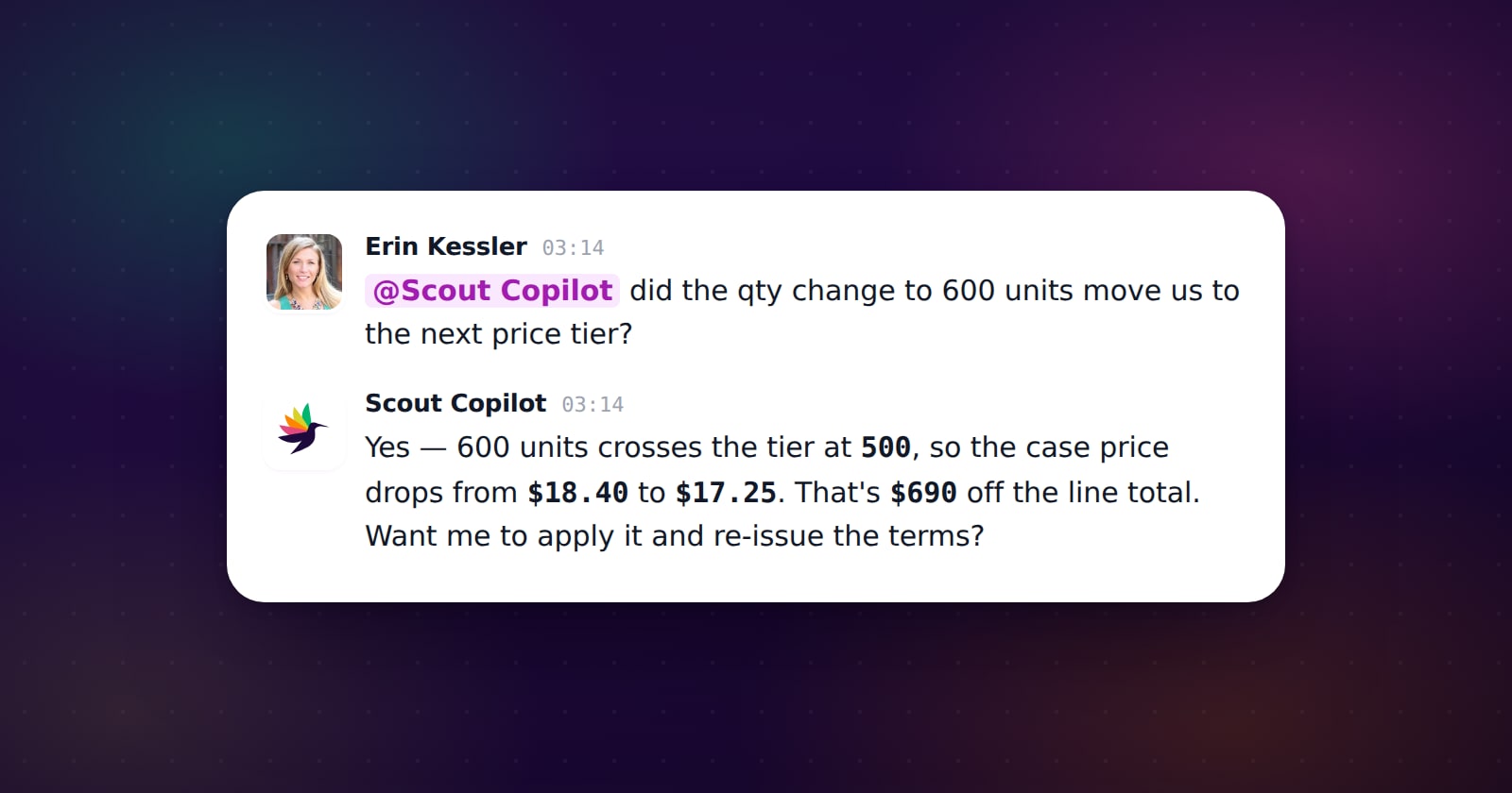 A Grovara order chat: an ops manager tags @Scout Copilot about a 600-unit price tier and Scout replies that the case price drops to $17.25